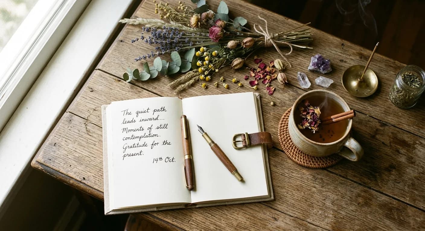 Journal mit getrockneten Blumen und Kräutertee – Achtsamkeit und Reflexion