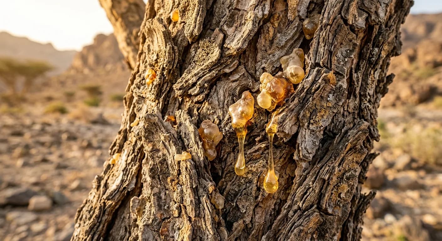 Boswellia-Baum mit goldenen Weihrauchharz-Tropfen an der Rinde