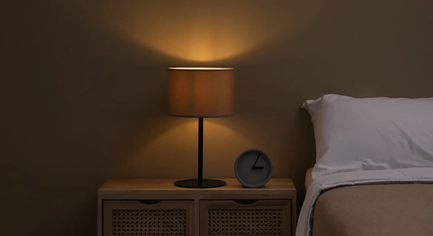 Nachttisch am späten Abend: eine Tischlampe mit Leinenschirm wirft einen warmen Lichtkegel an die Wand, daneben steht ein kleiner analoger Wecker, rechts beginnen Kissen und Bettkante.