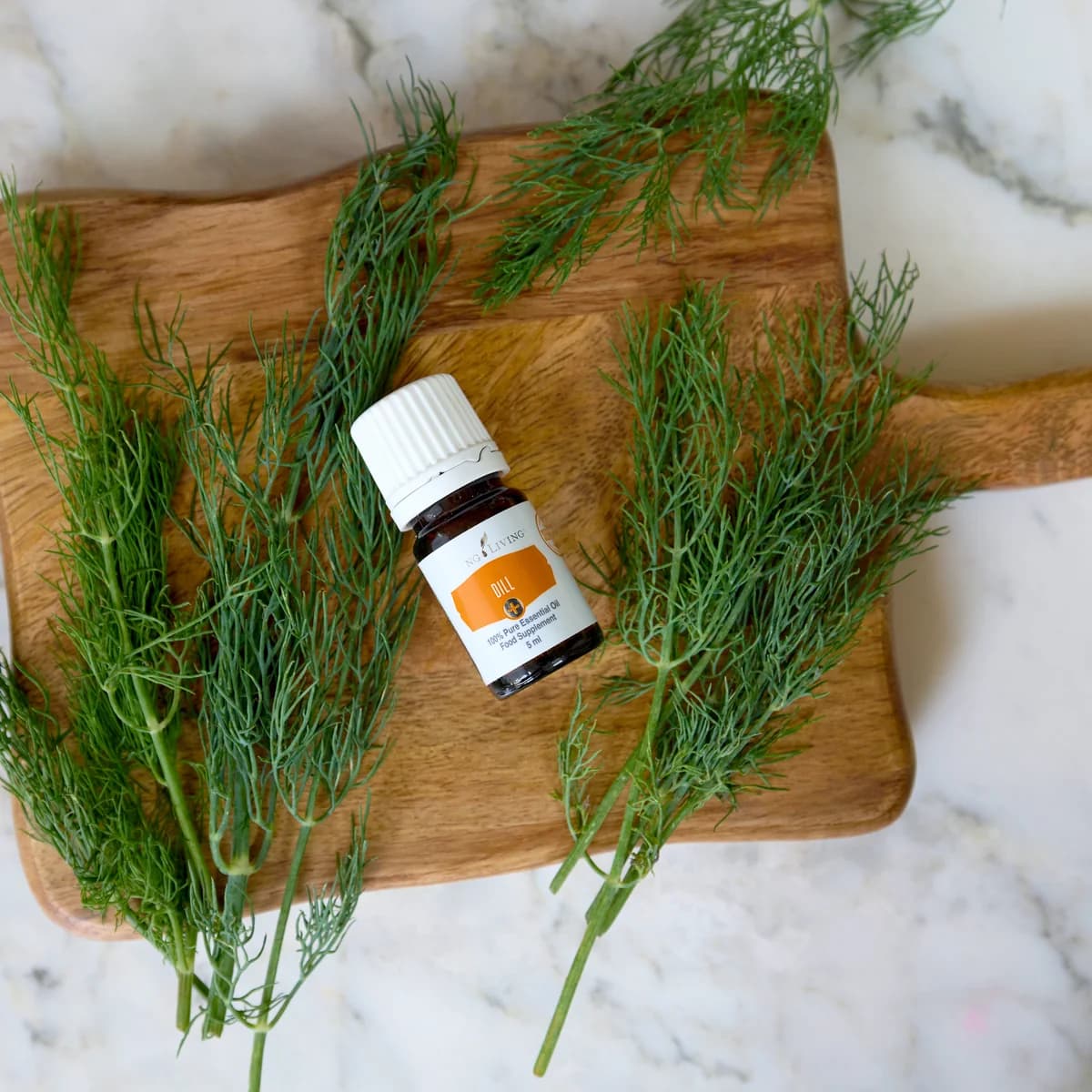 Ein Fläschchen Young Living Dill+ 5 ml liegt auf einem Holzbrett zwischen frischen Dillzweigen auf hellem Marmor.