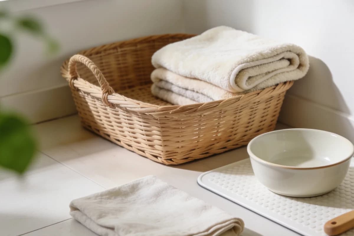 Eine helle Bad-Ecke: ein geflochtener Weidenkorb mit gefalteten cremefarbenen Frotteehandtüchern, davor eine weiße Keramikschale mit Wasser, ein gefaltetes Leinentuch und ein grünes Blatt im Vordergrund