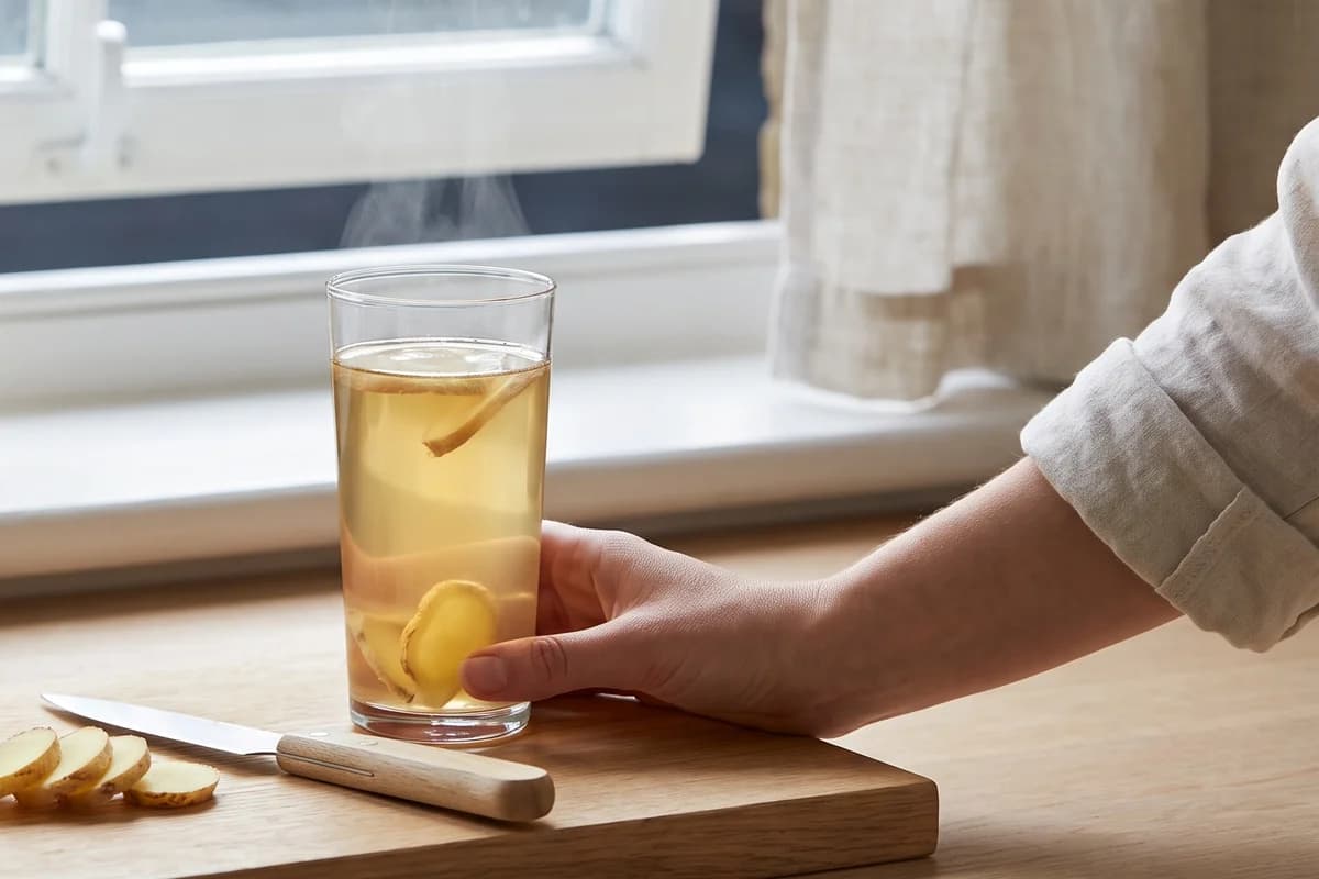Eine Hand hält ein dampfendes Glas mit einem Ingwer-Zitronen-Getränk auf einem Holzbrett vor einem Fenster mit Leinenvorhang, davor liegen aufgeschnittene Ingwerscheiben und ein Messer