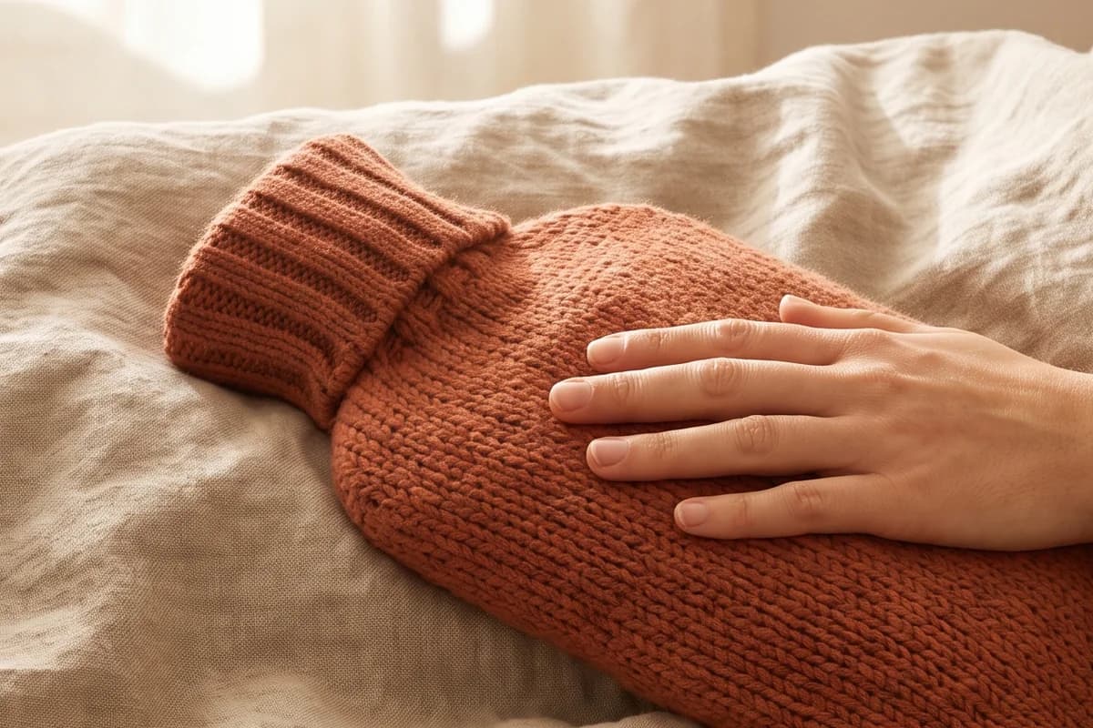 Eine Hand liegt ruhig auf einer terrakottafarbenen gestrickten Wärmflaschenhülle auf hellem Leinenbett, im Hintergrund weiches, warmes Licht durch einen Vorhang