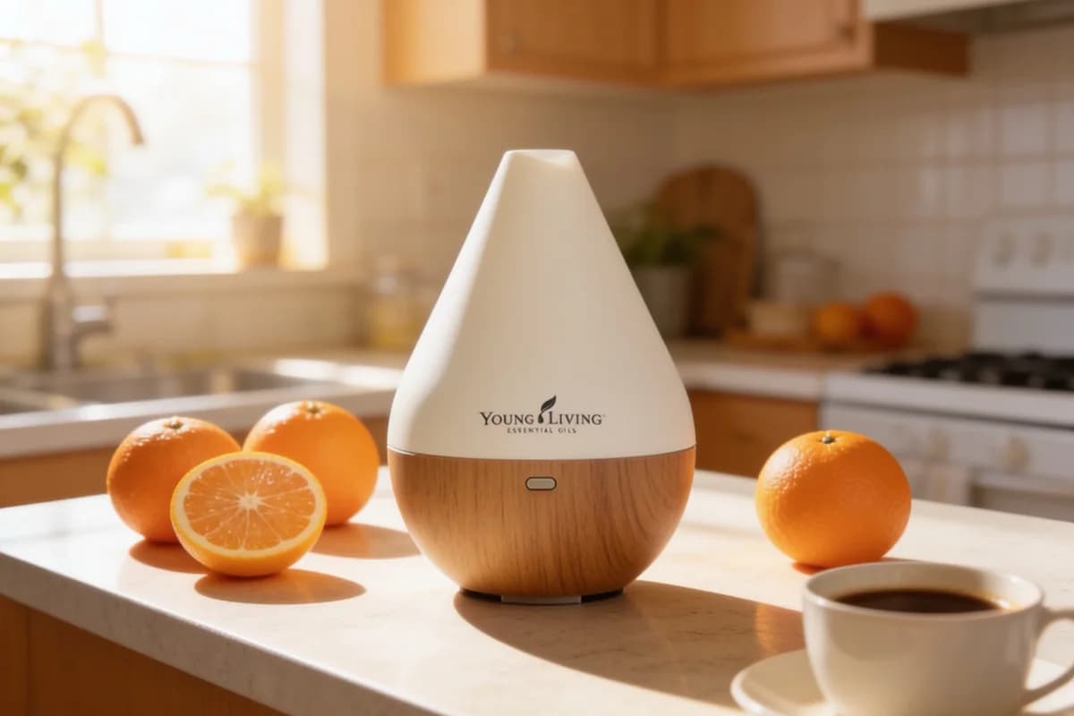 Ein Young-Living-Diffuser auf einer sonnigen Küchenarbeitsplatte zwischen drei Orangen, davor eine weiße Tasse Kaffee, im Hintergrund Fenster und Spüle