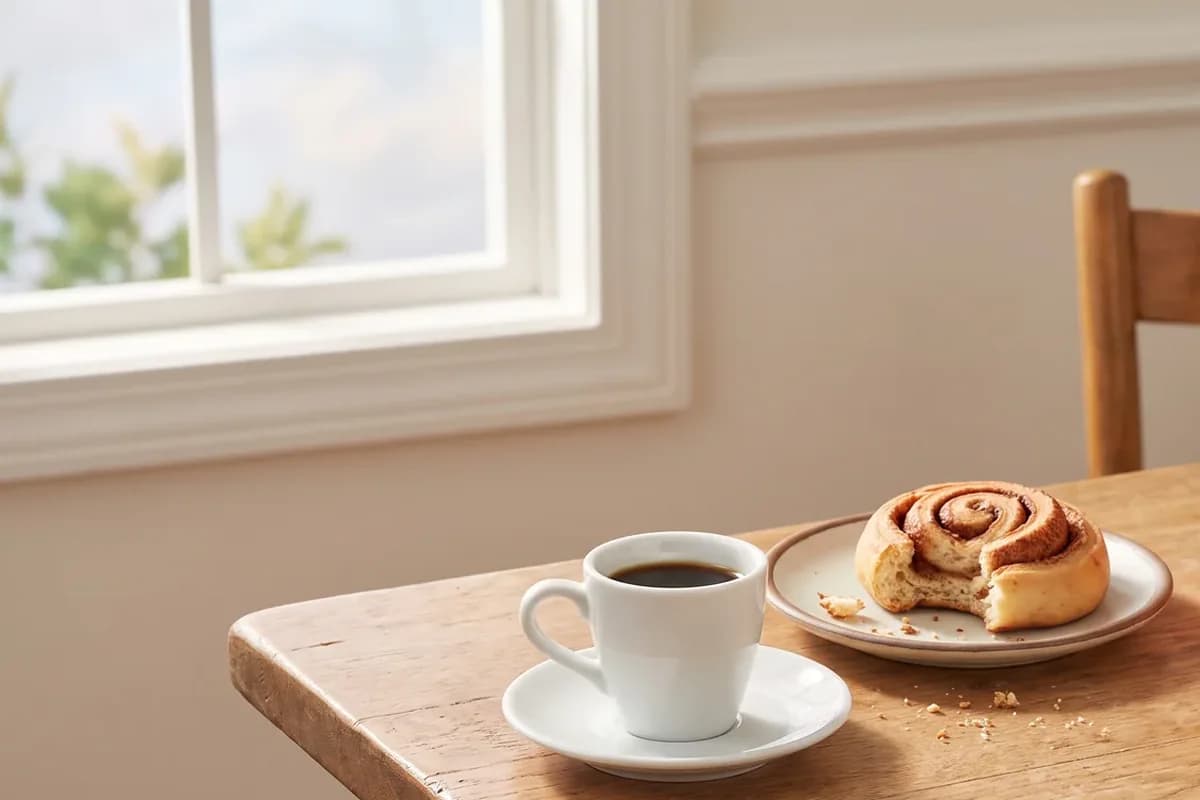Eine weiße Tasse Kaffee und ein angebissenes Stück Zimtschnecke auf einem Teller stehen auf einem Holztisch am Fenster, daneben ein Stuhl und ein paar Krümel