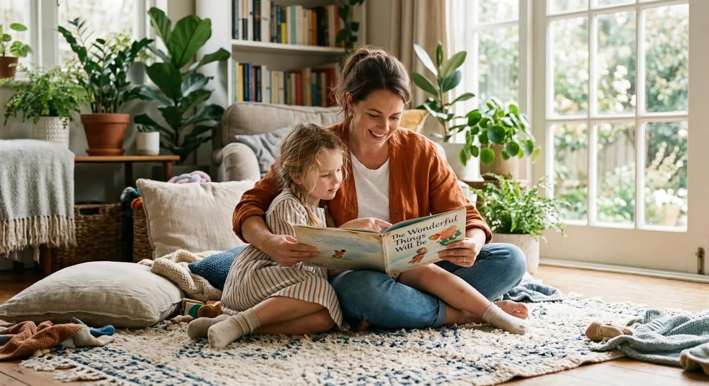 Mutter und Kind lesen zusammen ein Buch in warmem Licht