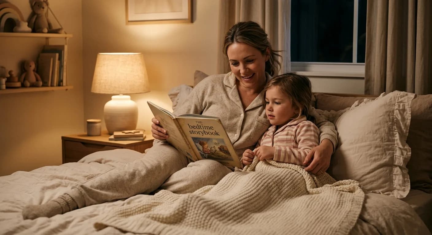 Gemütliches Kinderzimmer mit warmem Nachtlicht und schlafendem Kind