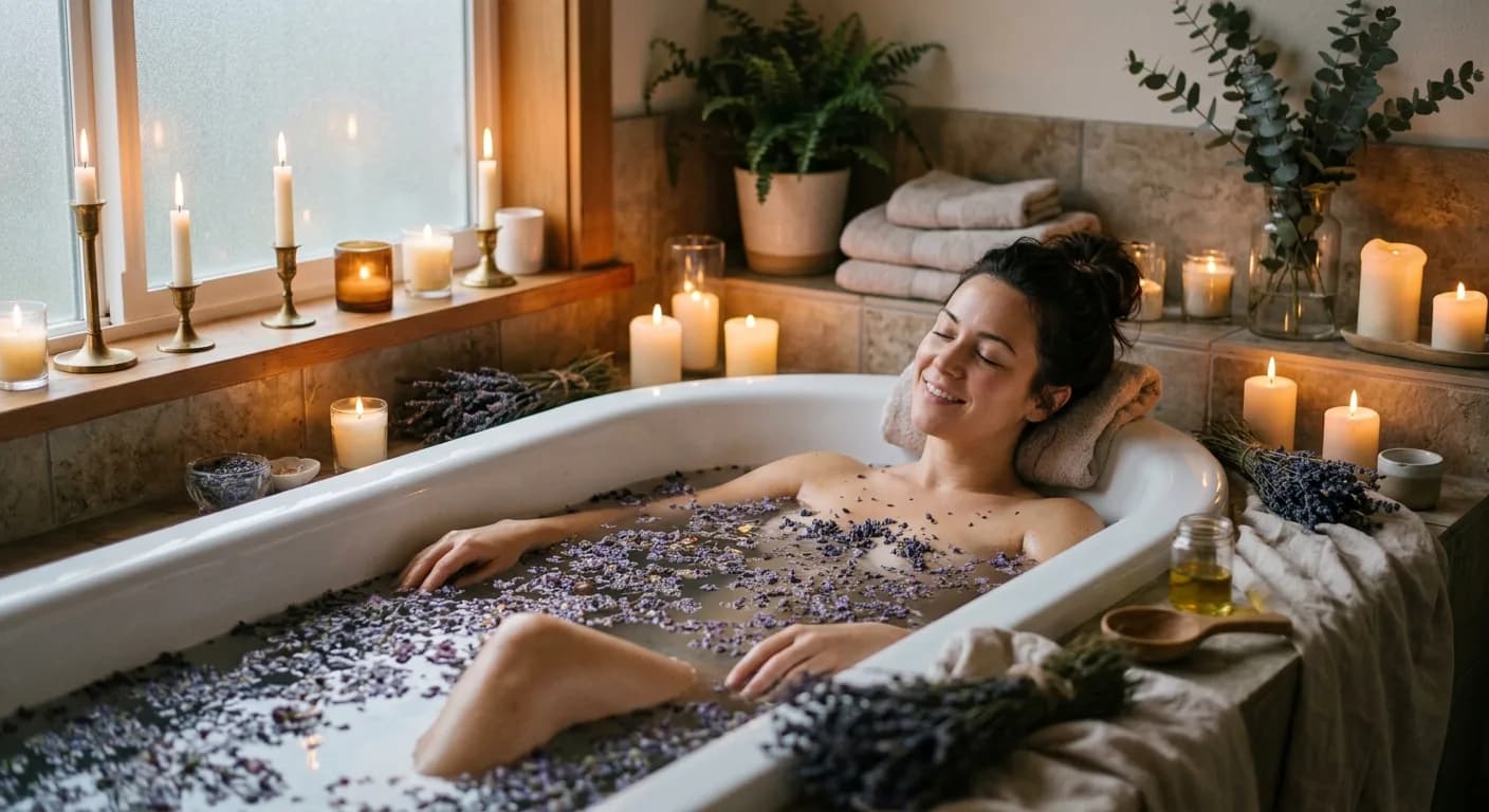 Frau entspannt in der Badewanne mit Lavendelblüten und Kerzenlicht