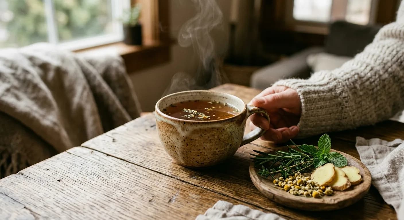 Warmer Kräutertee in Keramiktasse mit frischen Kräutern