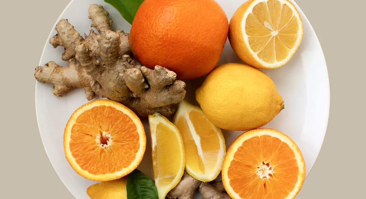 Orangen, Zitronen und Ingwer auf einem Teller