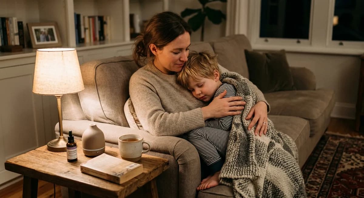 Mutter tröstet Kind auf Sofa