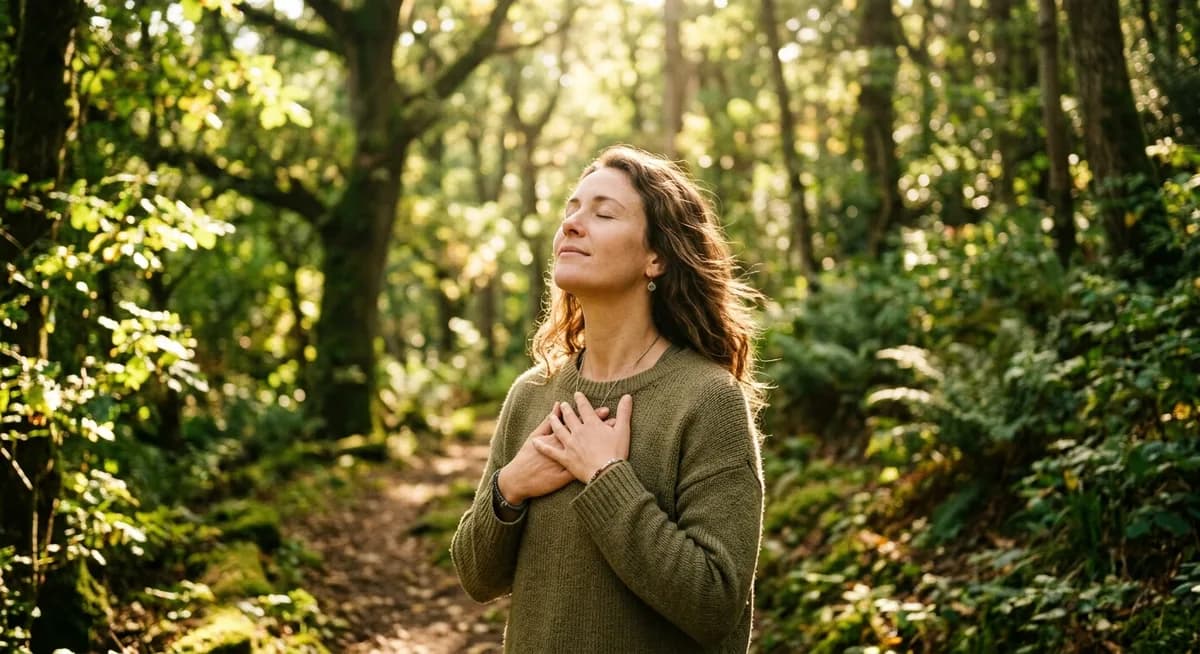 Frau atmet tief in der Natur