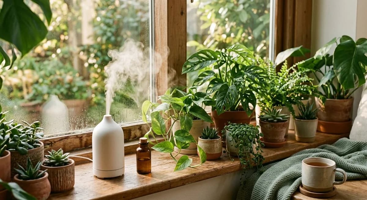 Morgendliches Licht fällt auf eine ruhige Fensterbank mit Pflanzen und ätherischen Ölen