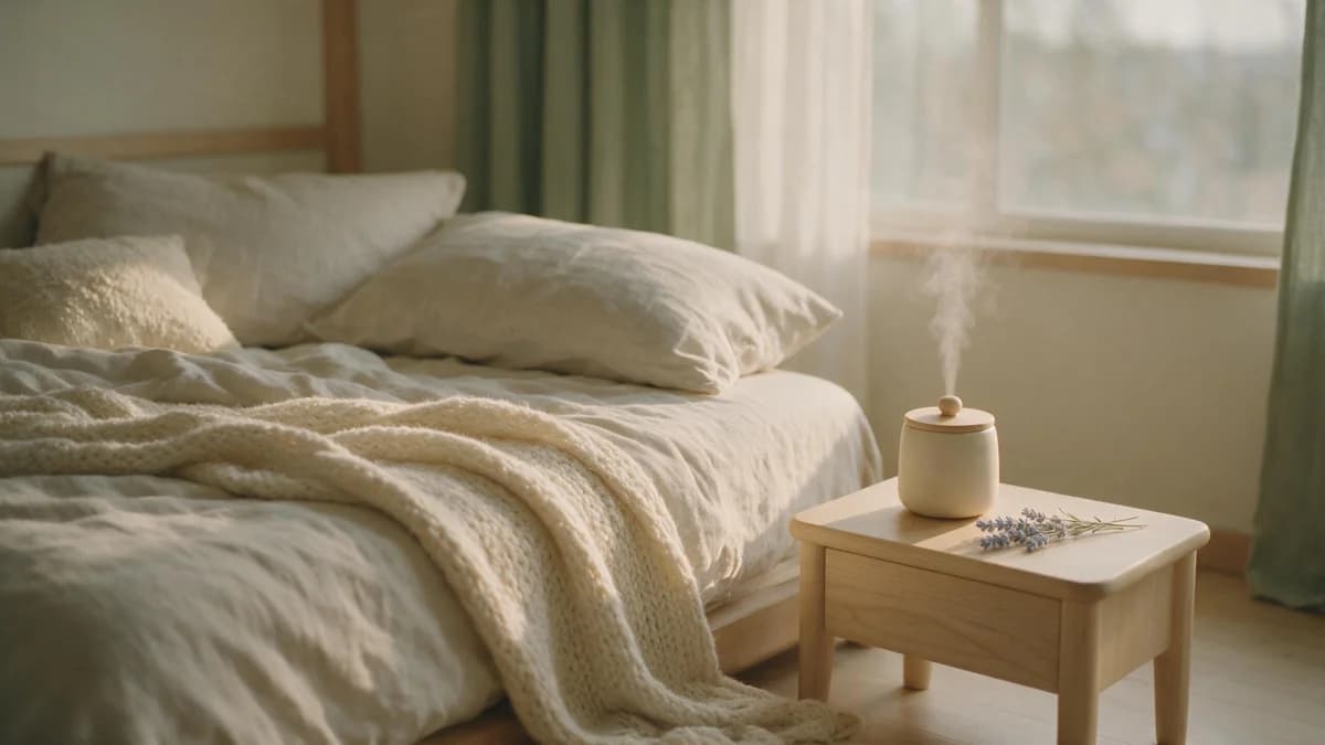 Abendlicht auf einem Bett mit Strickdecke, daneben ein schlichter Diffuser und ein Lavendelzweig