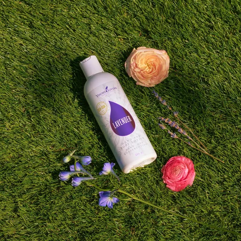 Eine weiße Flasche Young Living Lavendel Hand- und Körperlotion liegt auf grünem Rasen zwischen einer Rose, einer Ranunkel, blauem Rittersporn und Lavendel.