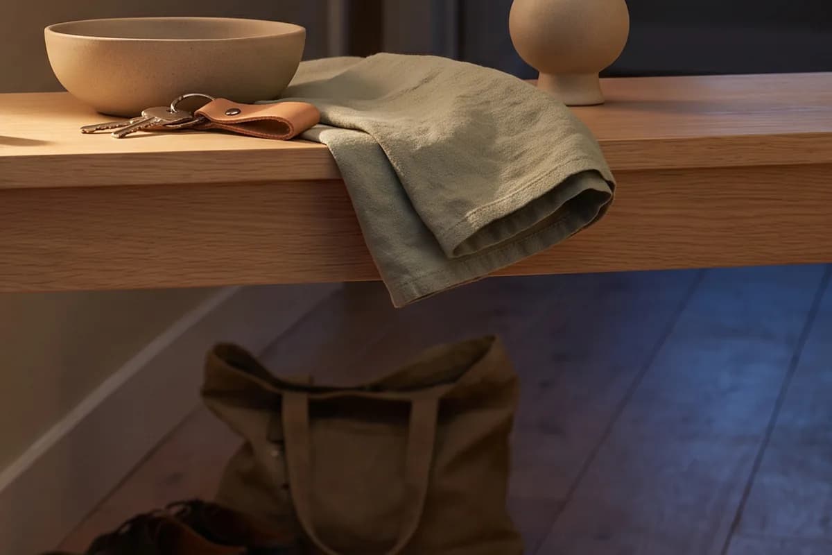 Ein Schlüsselbund und ein zusammengelegter Schal auf einer Ablage über einer Tasche auf dem Boden