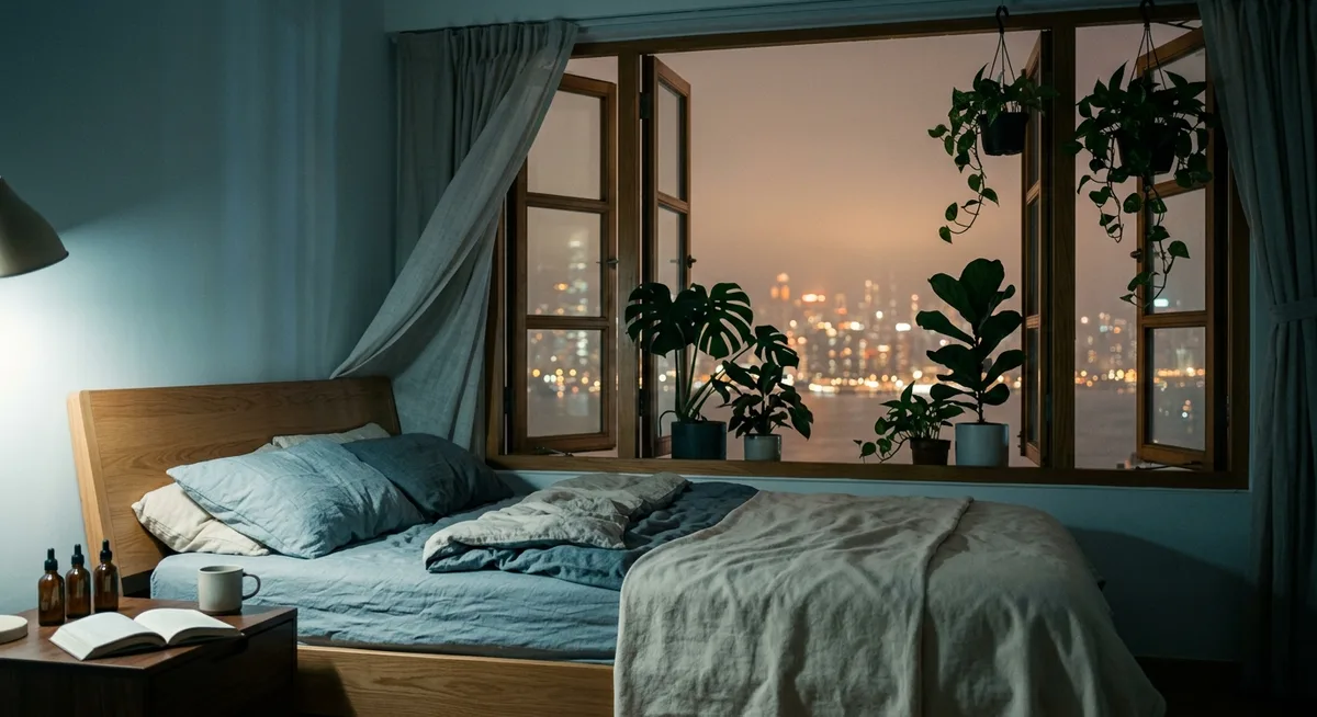 Sommerliches Schlafzimmer in der Abenddämmerung mit geöffnetem Fenster, leichter Bettwäsche und warmem Abendlicht
