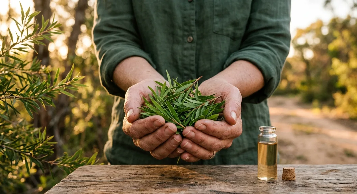 Hände halten frisch geerntete Teebaumblätter im warmen Abendlicht, daneben ein kleines Fläschchen mit goldenem Öl auf einem Holztisch