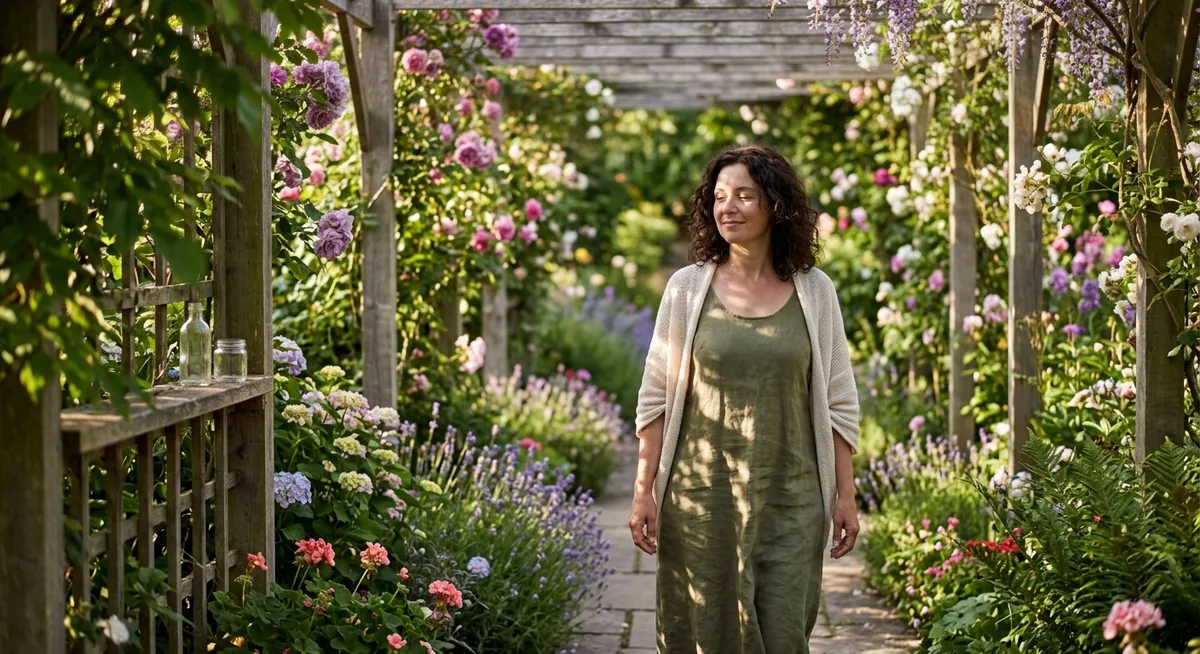 Frau geht entspannt durch einen blühenden Garten mit Rosenbögen und Lavendel im warmen Sommerlicht